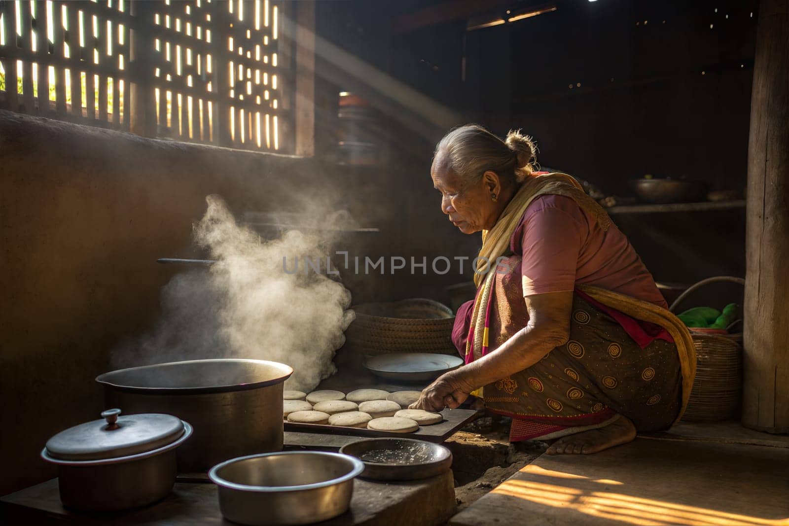 An elderly Assamese woman making traditional Pitha rice cakes, with smoke rising from the hot dishes in a rustic kitchen. This scene highlights Assamese culinary traditions.