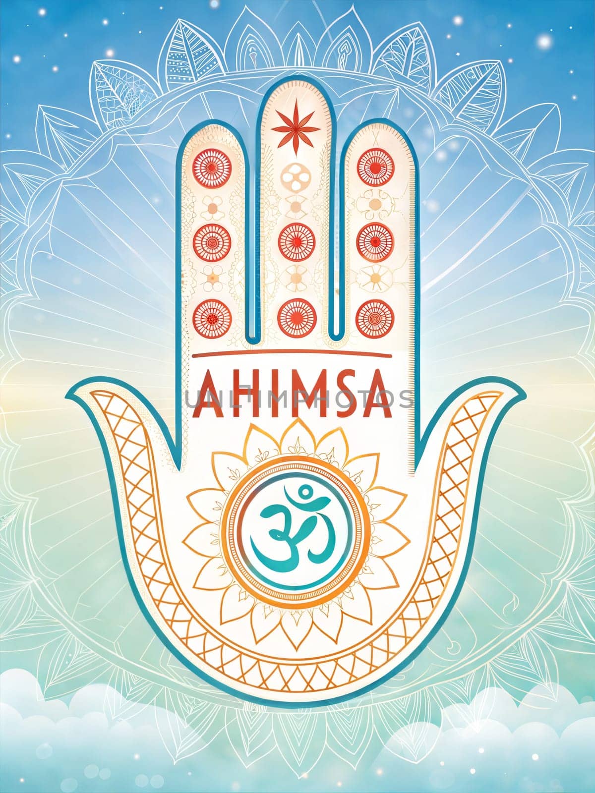 A vibrant digital artwork representing the Jain symbol of Ahimsa, with the Om symbol at the center.