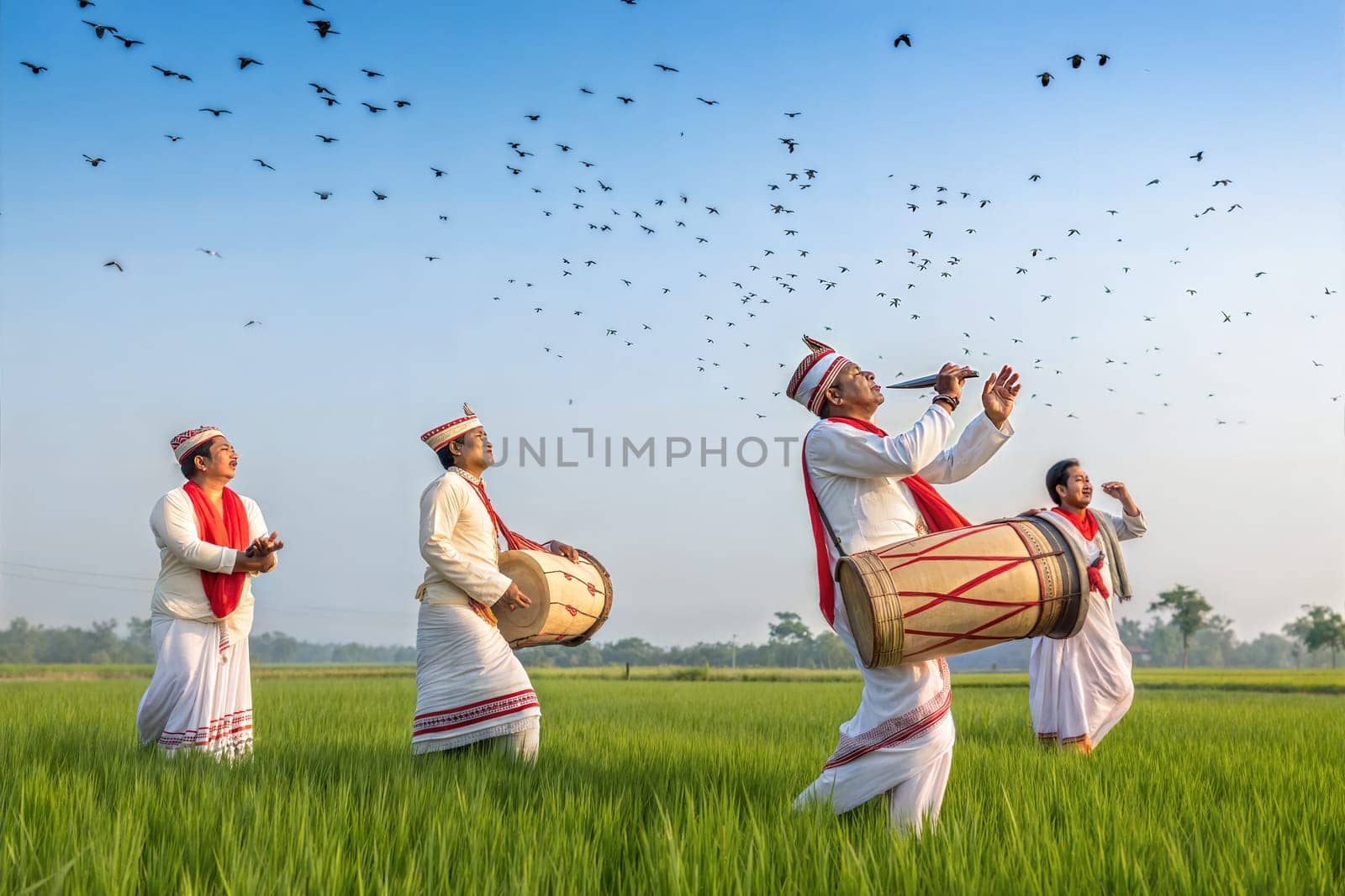 Assamese farmers in traditional attire celebrating Bohag Bihu, playing drums, and dancing in the lush green rice fields with birds flying in the sky