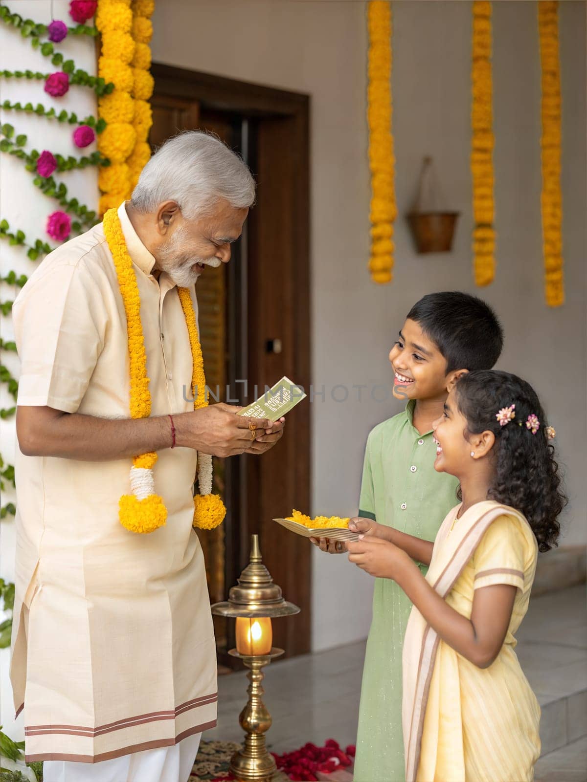 A heartwarming scene of a grandfather giving Vishu Kaineettam (gifts) to children during the Vishu festival, with traditional marigold decorations.