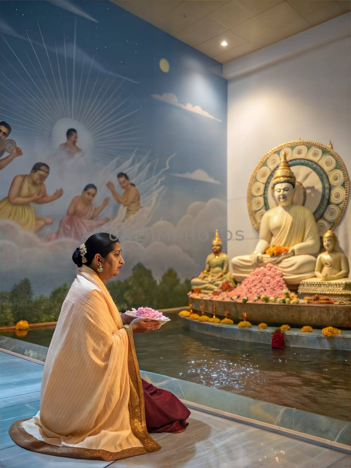 A devotee offers lotus flowers to the Buddha statue in a serene temple setting, surrounded by spiritual paintings.