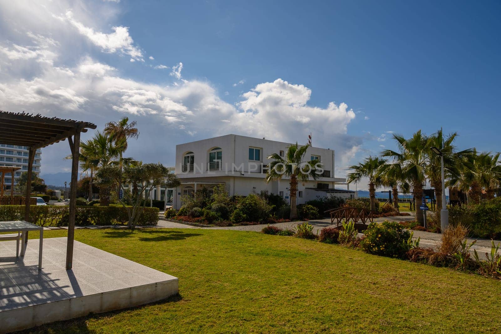 Bright afternoon illuminates a coastal getaway nestled amidst vibrant plants, perfect for relaxation and gathering.
