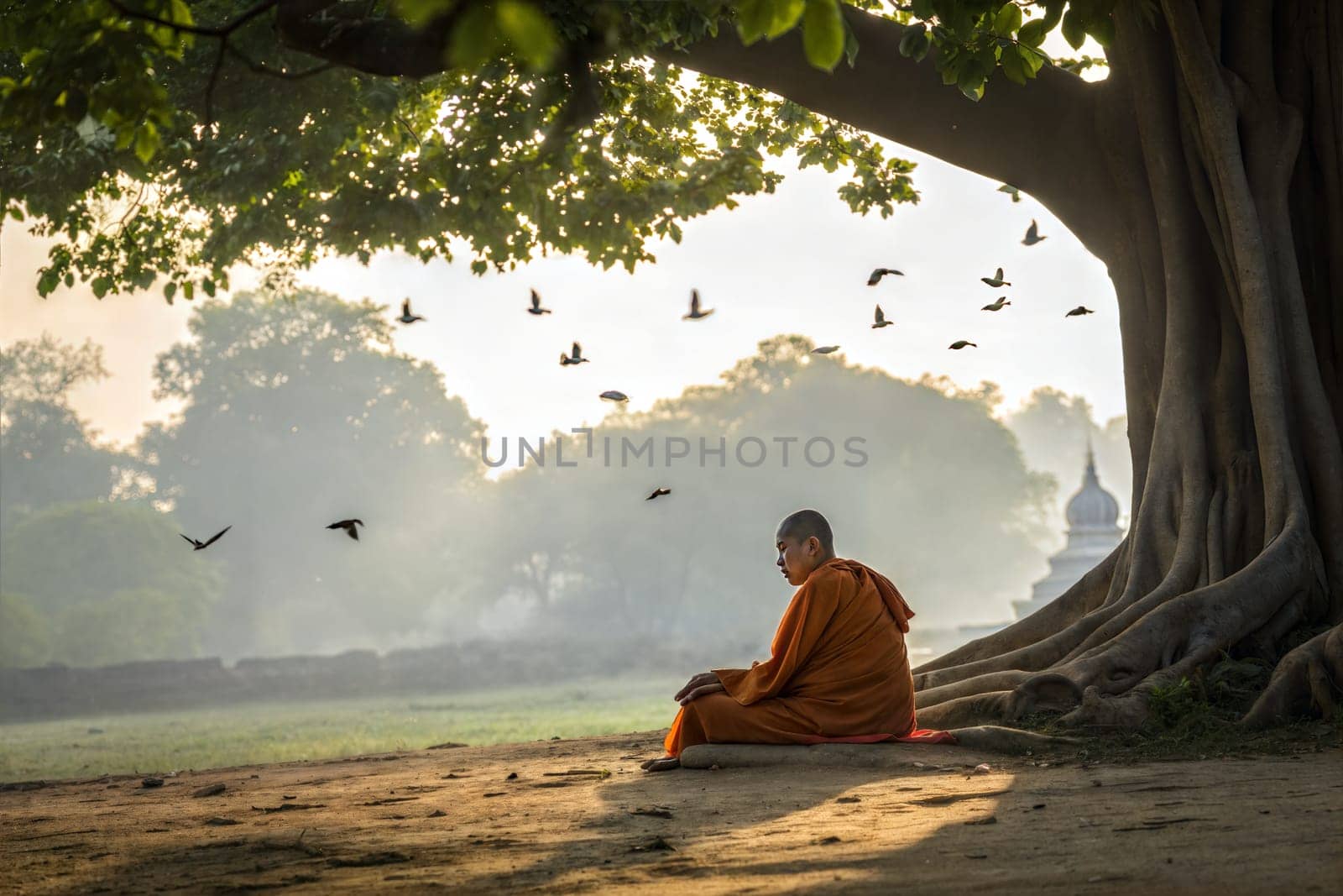 A serene moment of a Jain monk in saffron robes meditating peacefully under a large tree with birds flying around. Isolated on white background.
