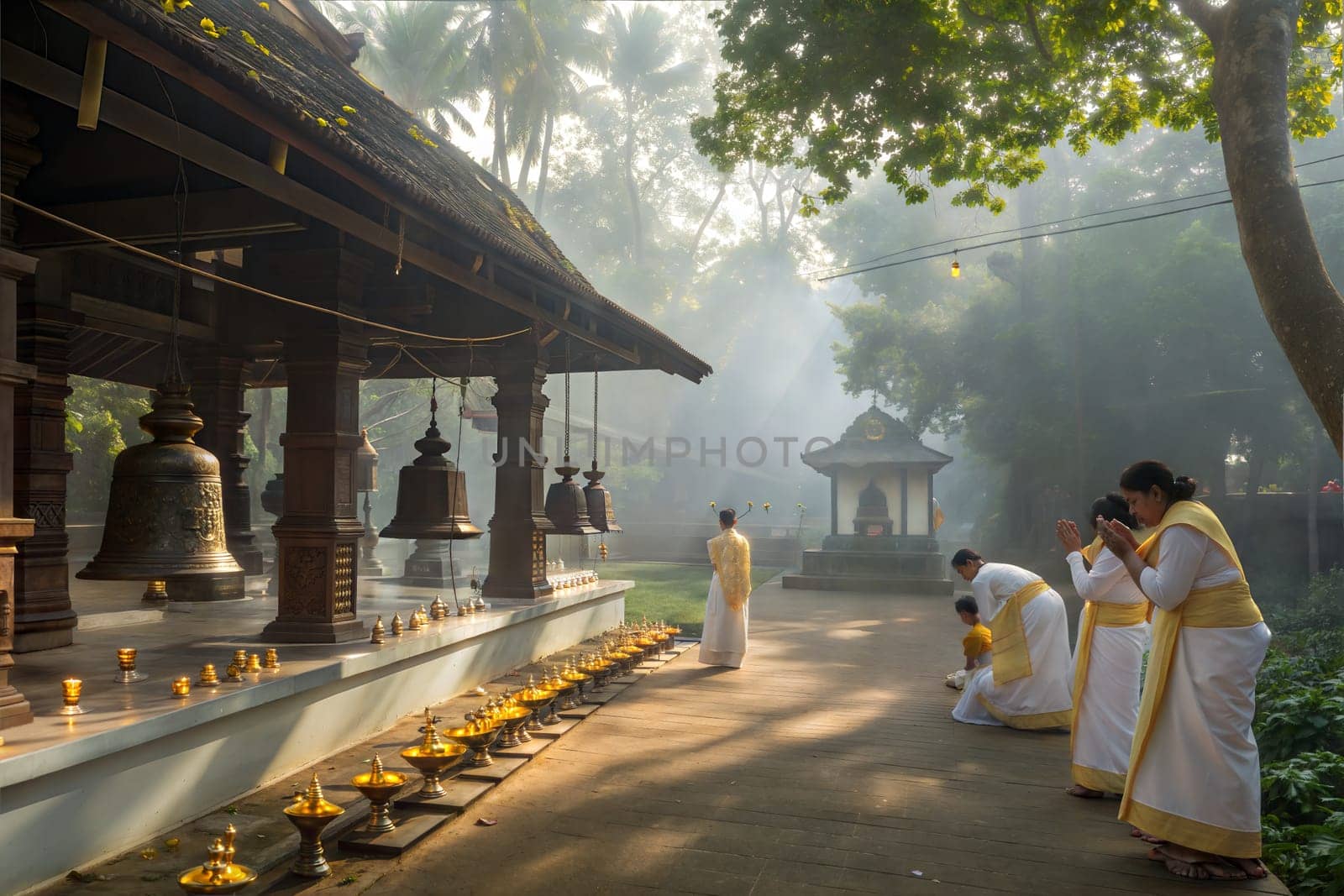 A serene scene of people praying at a Kerala temple, surrounded by bells, oil lamps, and morning mist, creating a spiritual atmosphere.