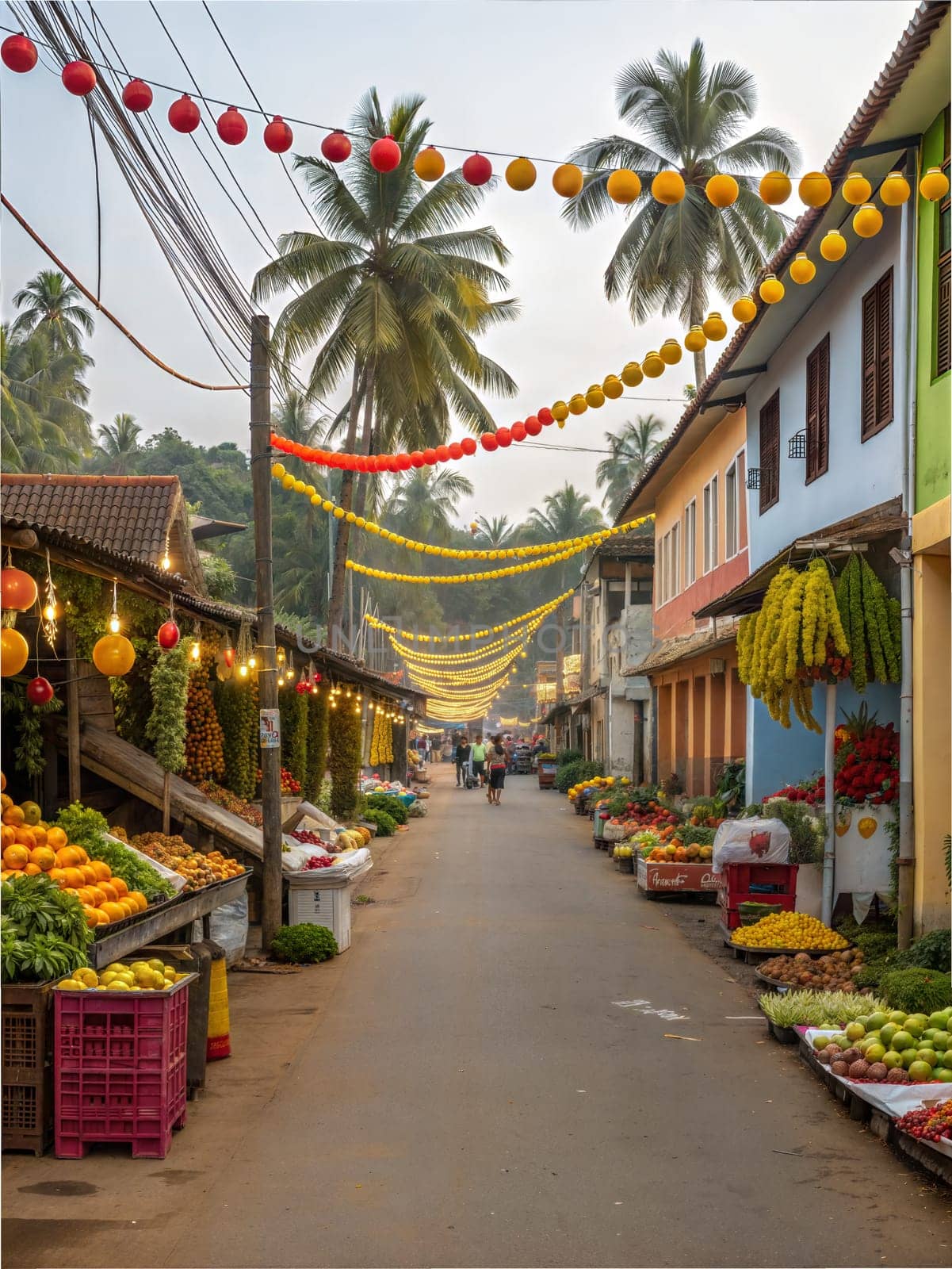 A lively Kerala street beautifully decorated with yellow and red marigold garlands for the Vishu festival, with fruit vendors and palm trees.