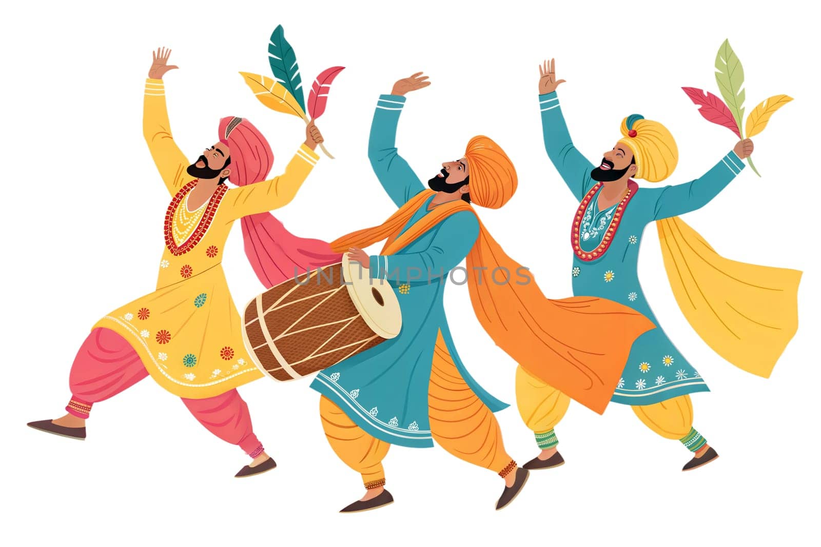 A lively illustration of Punjabi dancers wearing colorful traditional attire, playing drums and dancing. Isolated on white background.