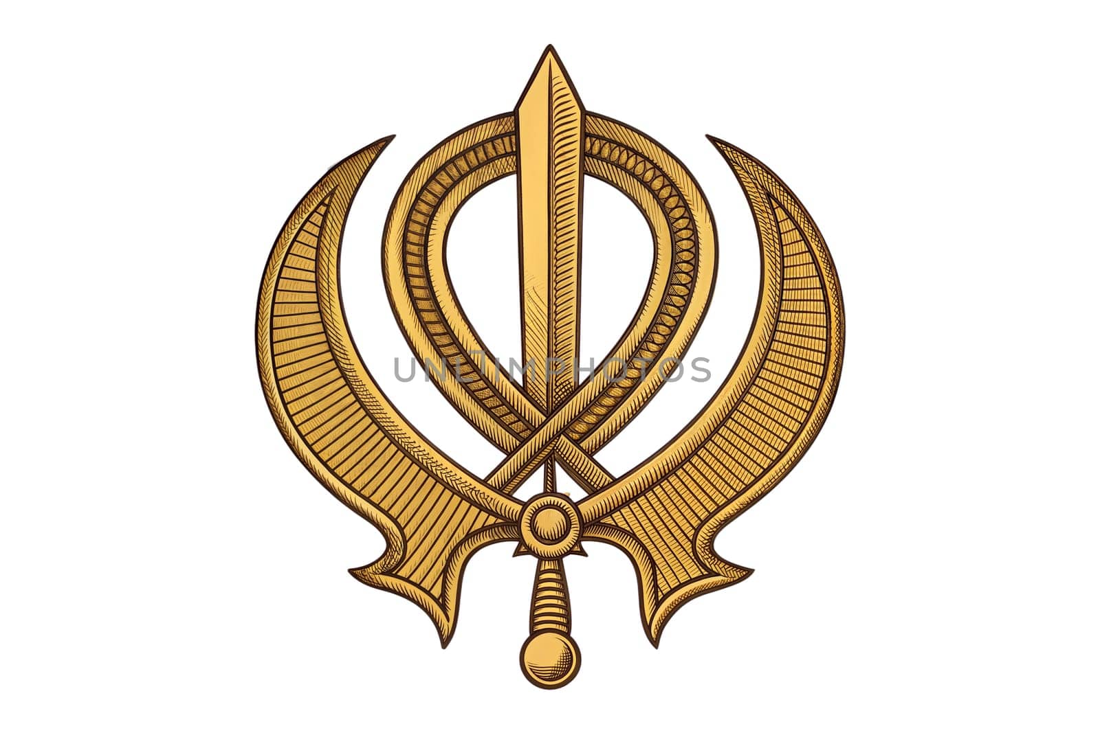 The Sikh Khanda symbol featuring a double-edged sword and two crossed daggers, representing the Sikh faith. Isolated on white background.