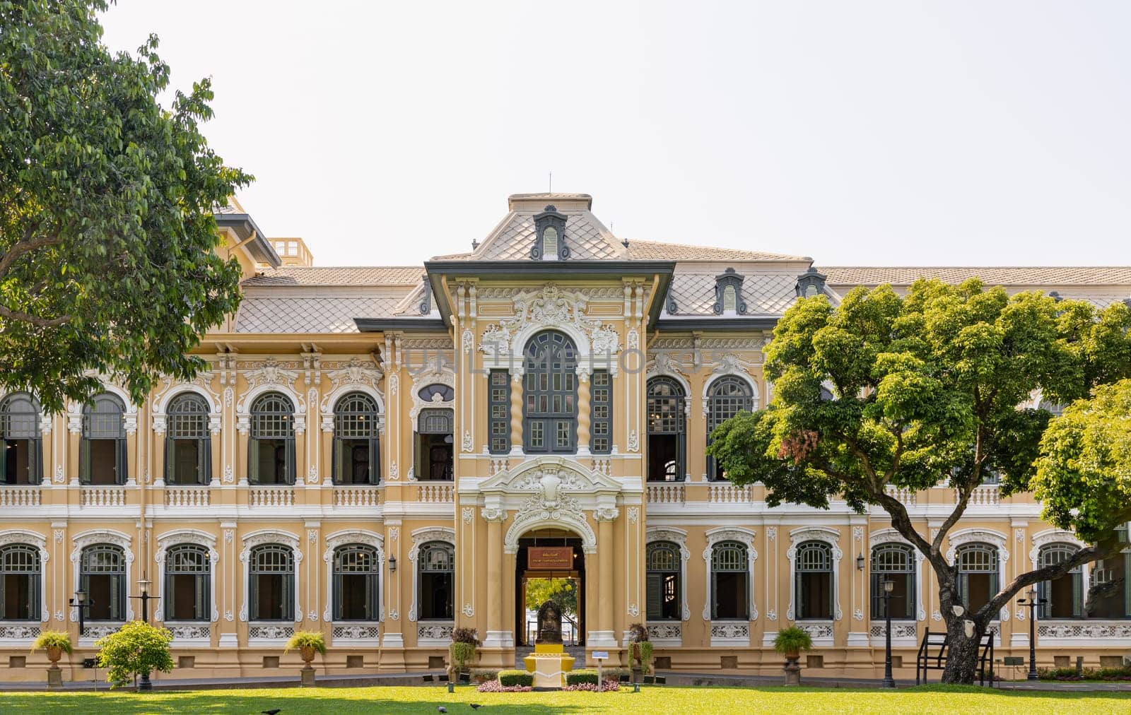 Bangkok, Thailand - Mar 02, 2025 - Architectural exterior of The Bang Khun Phrom or Bank of Thailand Museum is a magnificent, early 20th century European style palace in neo-Baroque / Rococo style combined German Art Nouveau style situated on the banks of the Chao Phraya river. is a former royal residence in Bangkok, Selective focus.