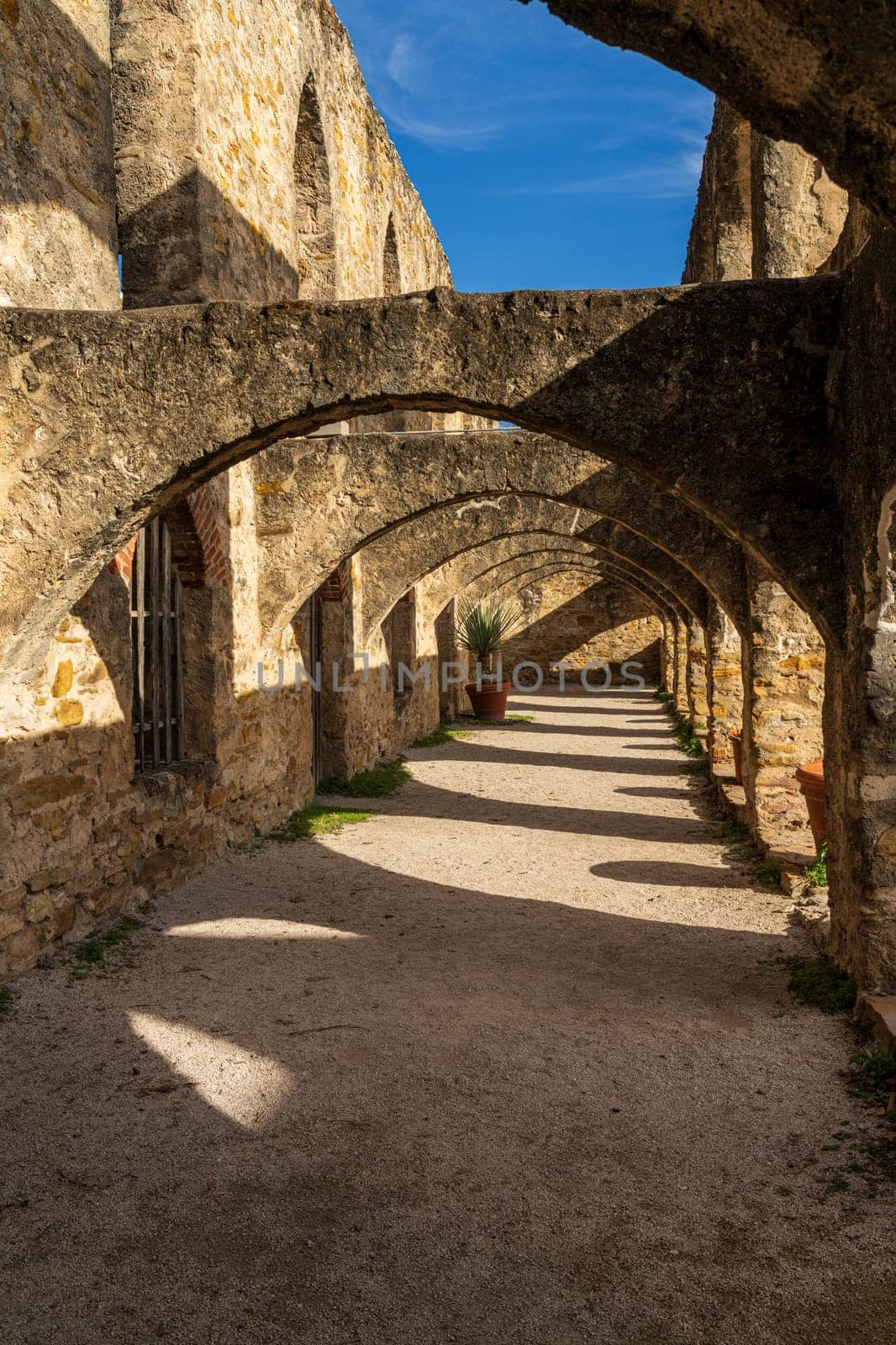 Repeating patterns of the roof supporting arches in Mission San Jose church near San Antonio, Texas