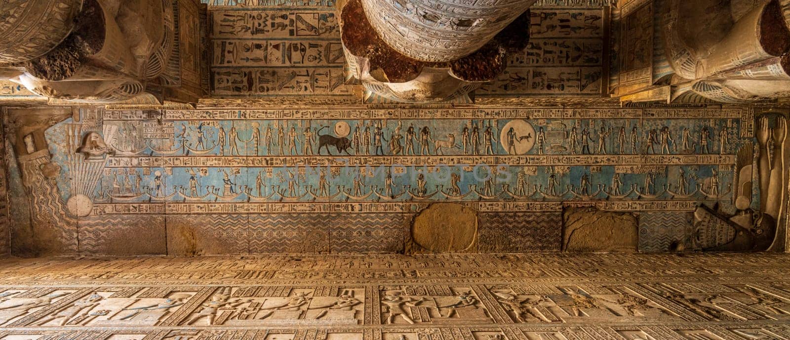 Restored ceiling painting with ornate columns in the temple of Hathor at Dendera