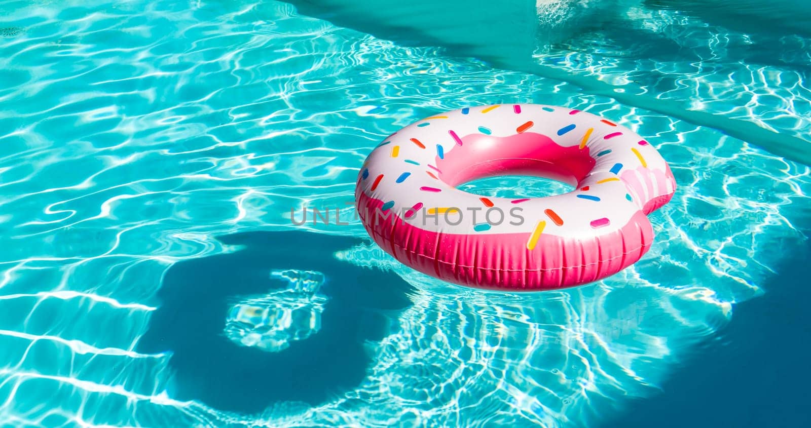 Pink donut inflatable float in turquoise swimming pool with sunlight reflections and shadow