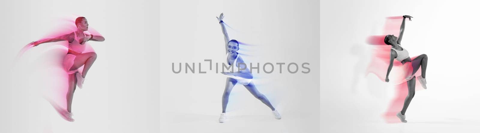 Three athletes perform dynamic exercises, demonstrating strength and agility. The vibrant design highlights their dedication to an active, healthy lifestyle against a minimalist backdrop.