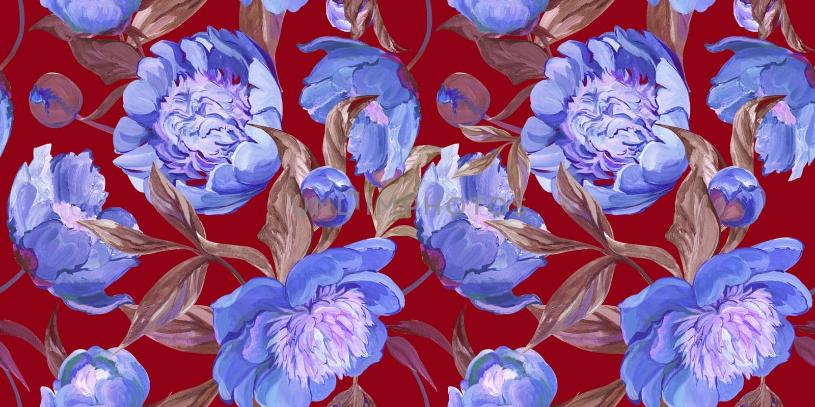 Botanical seamless pattern with peonies and sakura branches drawn in gouache for textile and design