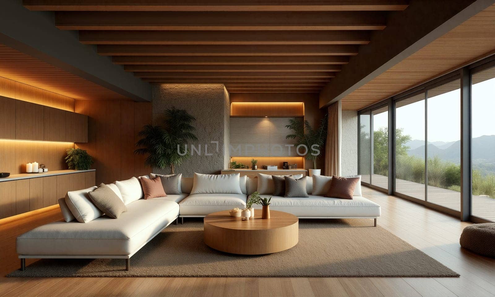 Spacious living room features a light-filled design with wooden beams, cozy sofa, and beautiful views of the surrounding landscape - Generative AI