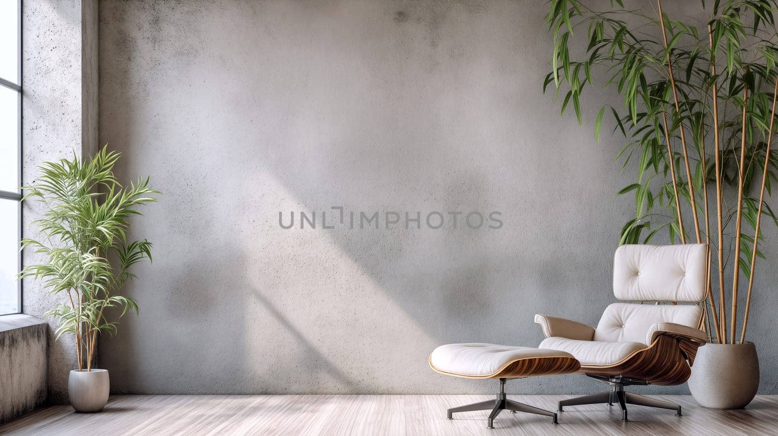 A spacious room features a stylish lounge chair beside an expansive window, allowing natural light to illuminate indoor plants and a clean aesthetic - Generative AI