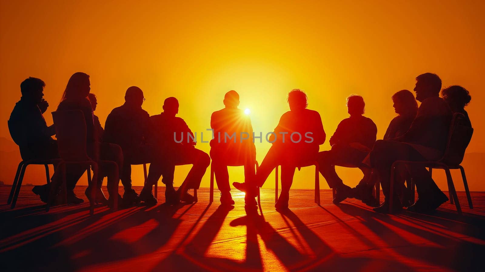 A group of individuals engages in deep conversation as the sun sets, creating a striking silhouette effect and casting long shadows - teamwork concept - Generative AI