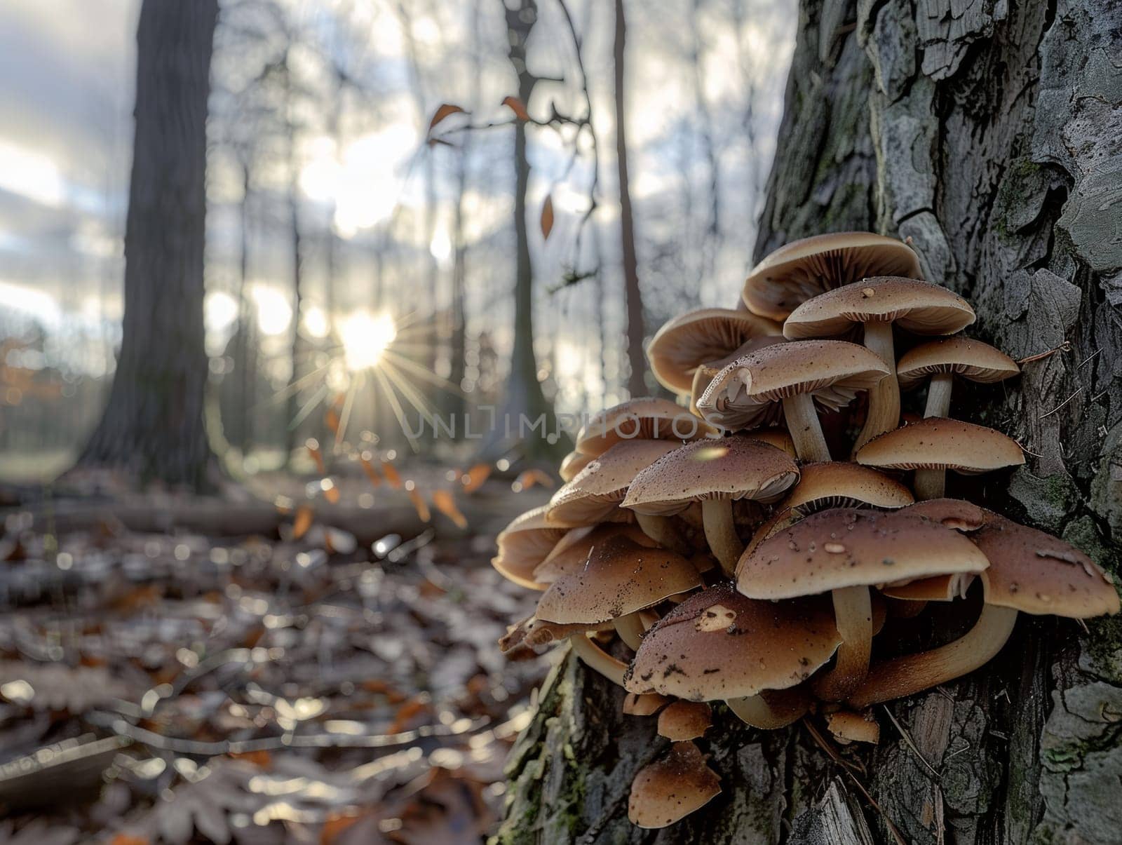 A cluster of fungi adheres to a tree's bark in a wooded area, fallen leaves below. Soft, diffused sunshine filters through trees, creating a serene, natural scene. A tranquil forest setting.