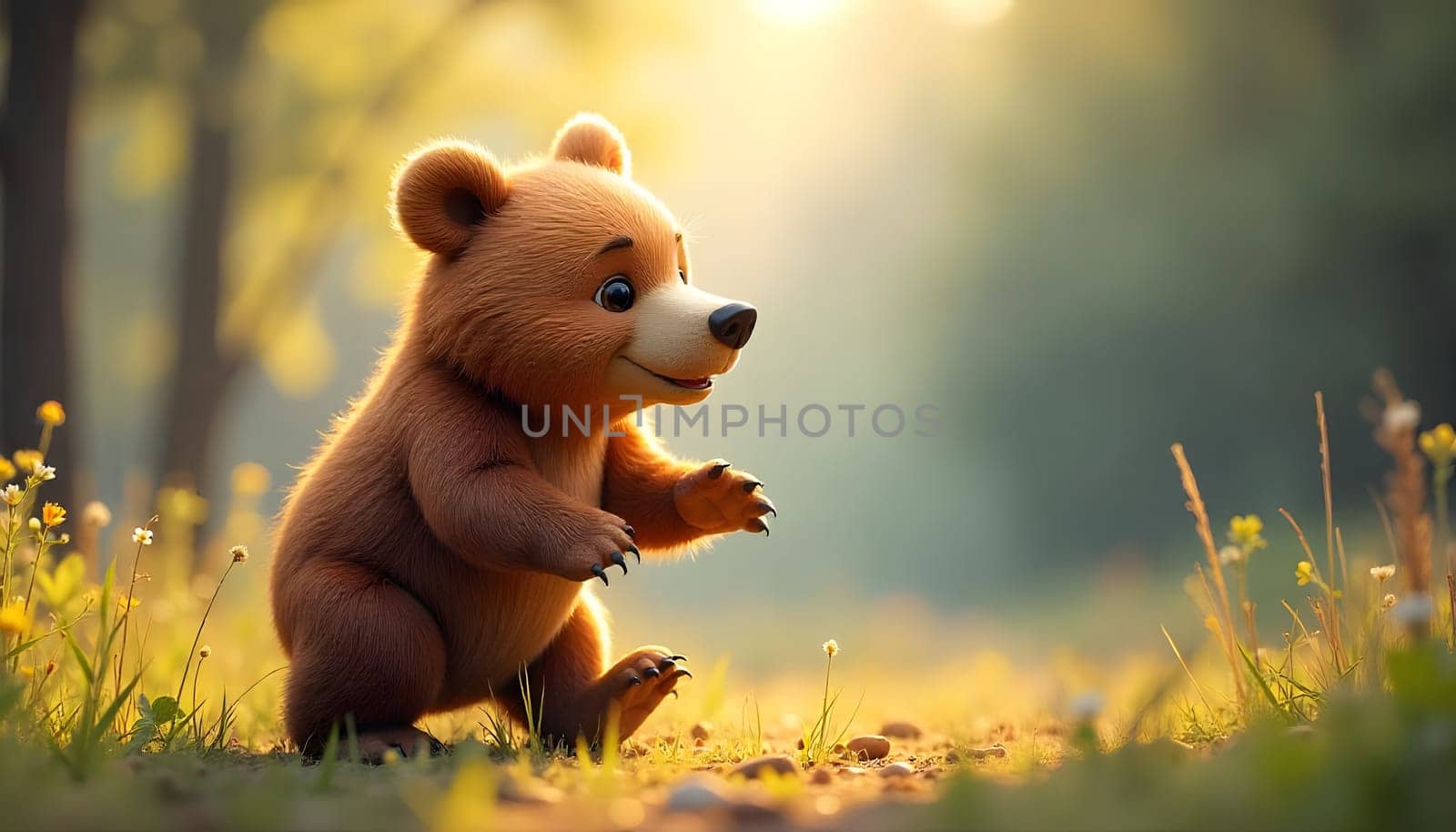 Adorable bear cub play in a vibrant summer forest, surrounded by flowers and sunlight, exuding warmth and innocence. Perfect depiction of wildlife, nature, and the essence of animal kinship.