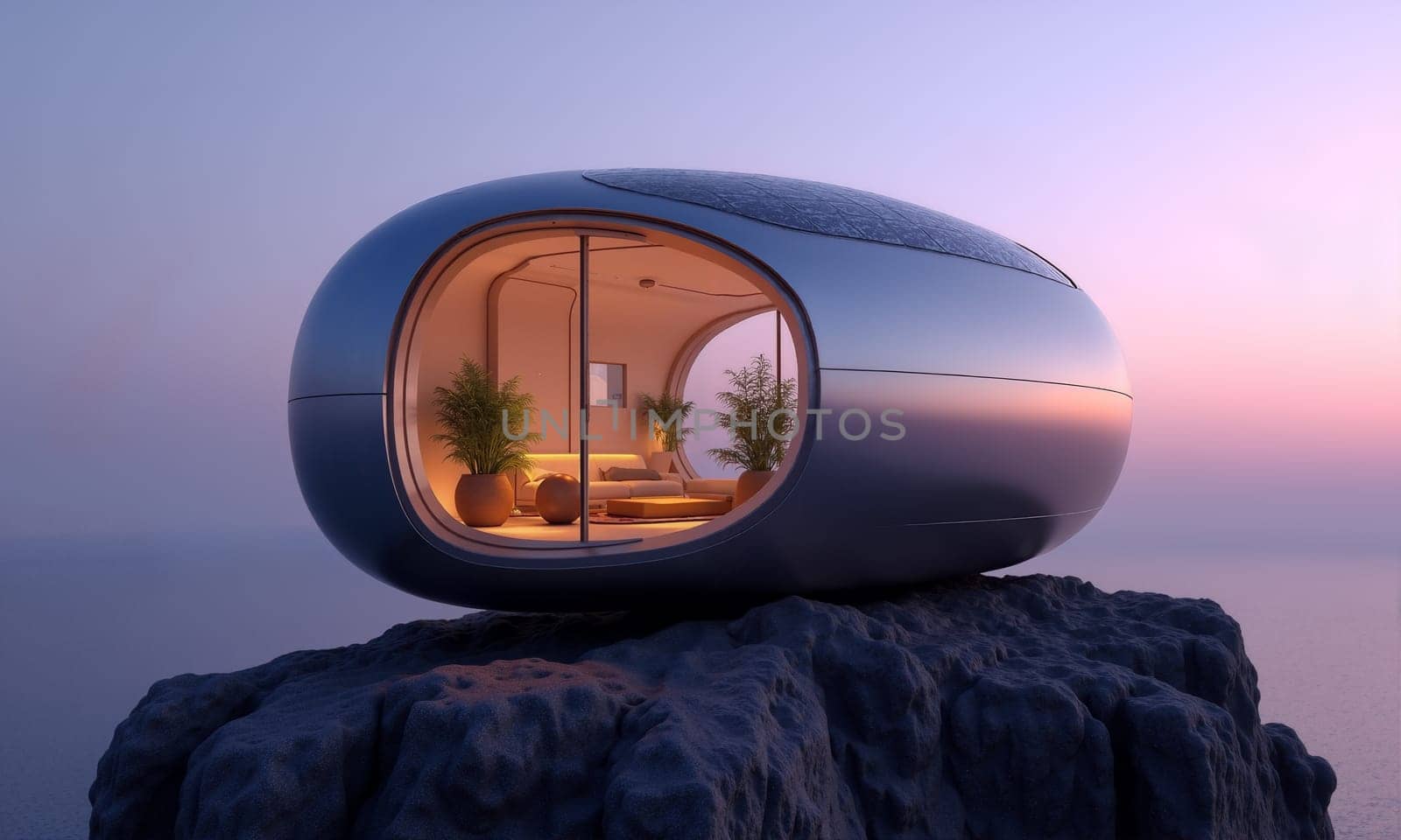 A sleek, futuristic pod house stands on a rugged rock, showcasing large windows and cozy interior design amidst a beautiful twilight backdrop - Generative AI
