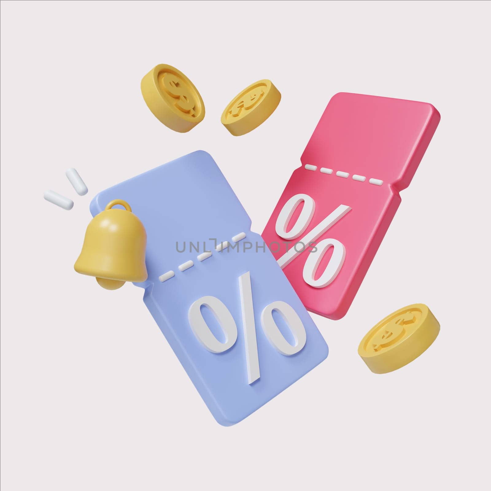 A playful 3D render of discount tags and coins, ideal for special sale events and marketing materials.