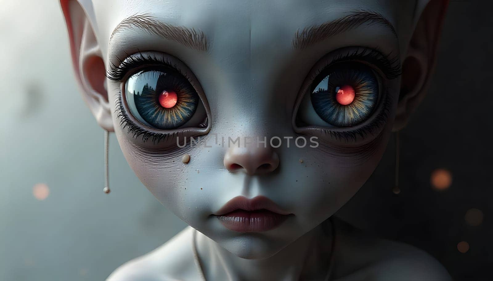 Fantastical Alien Creature with Large Eyes and Enigmatic Glow. A magical alien-like being with luminous orange eyes surrounded by a glowing mysterious atmosphere in nature.