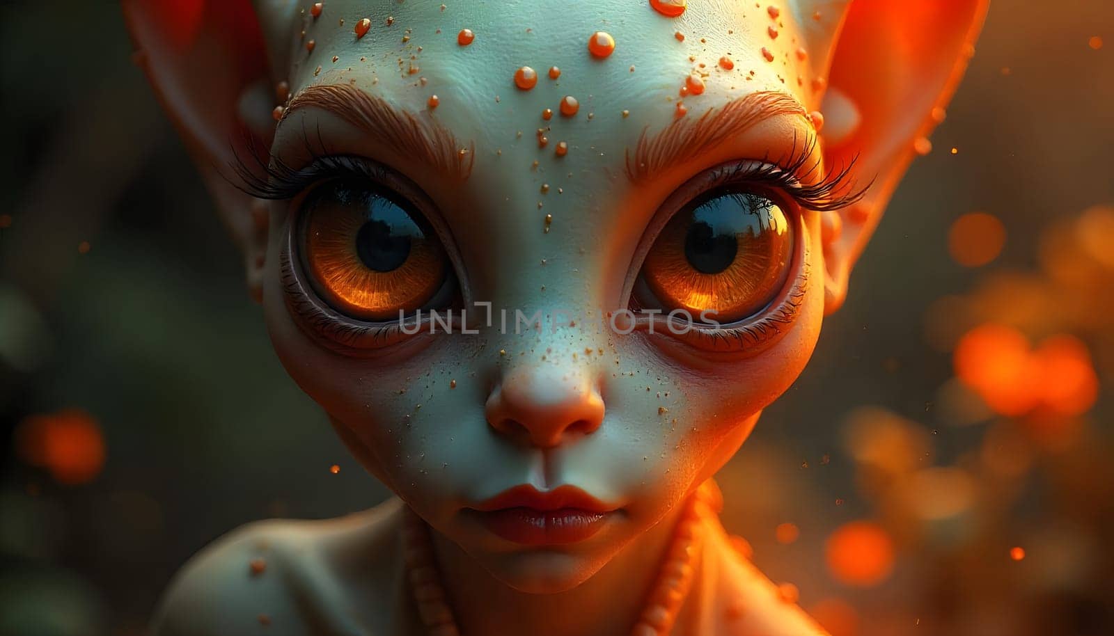Fantastical Alien Creature with Large Eyes and Enigmatic Glow. A magical alien-like being with luminous orange eyes surrounded by a glowing mysterious atmosphere in nature.