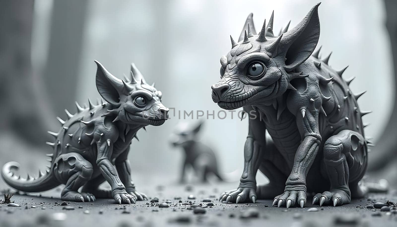 Two Adorable Fantasy Creatures with Glowing Spines. Cute fictional animals with luminous spines resting in a vibrant forest scene. Their detailed design and glowing features create an enchanting atmosphere of fantasy and wonder.