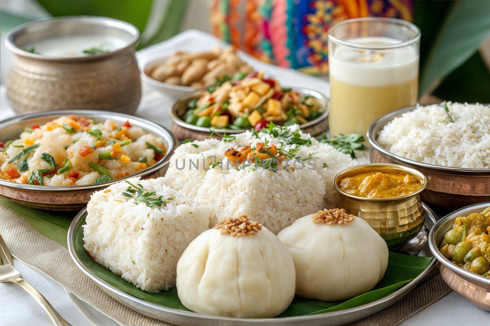 A traditional Indian meal featuring fluffy rice, curry, steamed dumplings, and a colorful vegetable salad, served in elegant copper bowls, complemented by a refreshing drink.