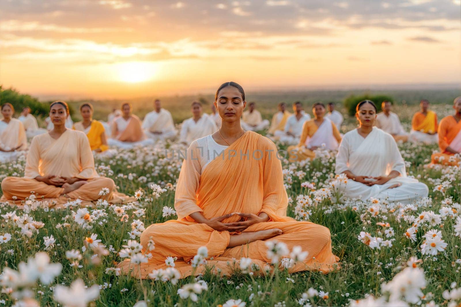 A serene scene of women meditating in a flower field at sunset. A peaceful atmosphere with soft lighting, floral surroundings, and spiritual focus.