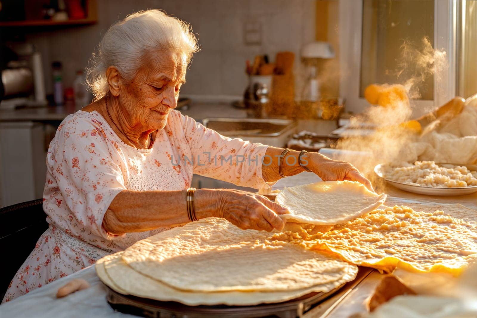 An elderly Assamese woman skillfully prepares traditional rice cakes in a warm kitchen. The image captures the essence of heritage, food culture, and timeless tradition in her hands