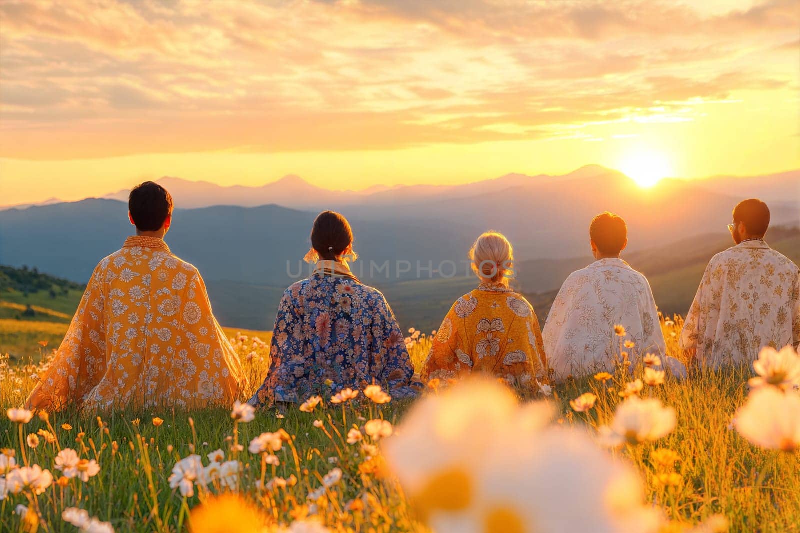 A serene sunset scene with people in traditional clothing enjoying the view from a grassy mountain. The group of four is dressed in colorful floral outfits with flowers surrounding them.