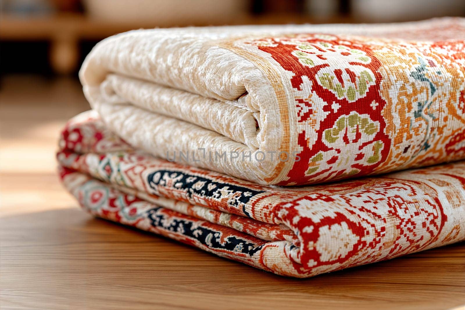 A beautifully folded vintage rug with an orange and white floral pattern, showcasing detailed craftsmanship and fringed edges, placed on a wooden surface.
