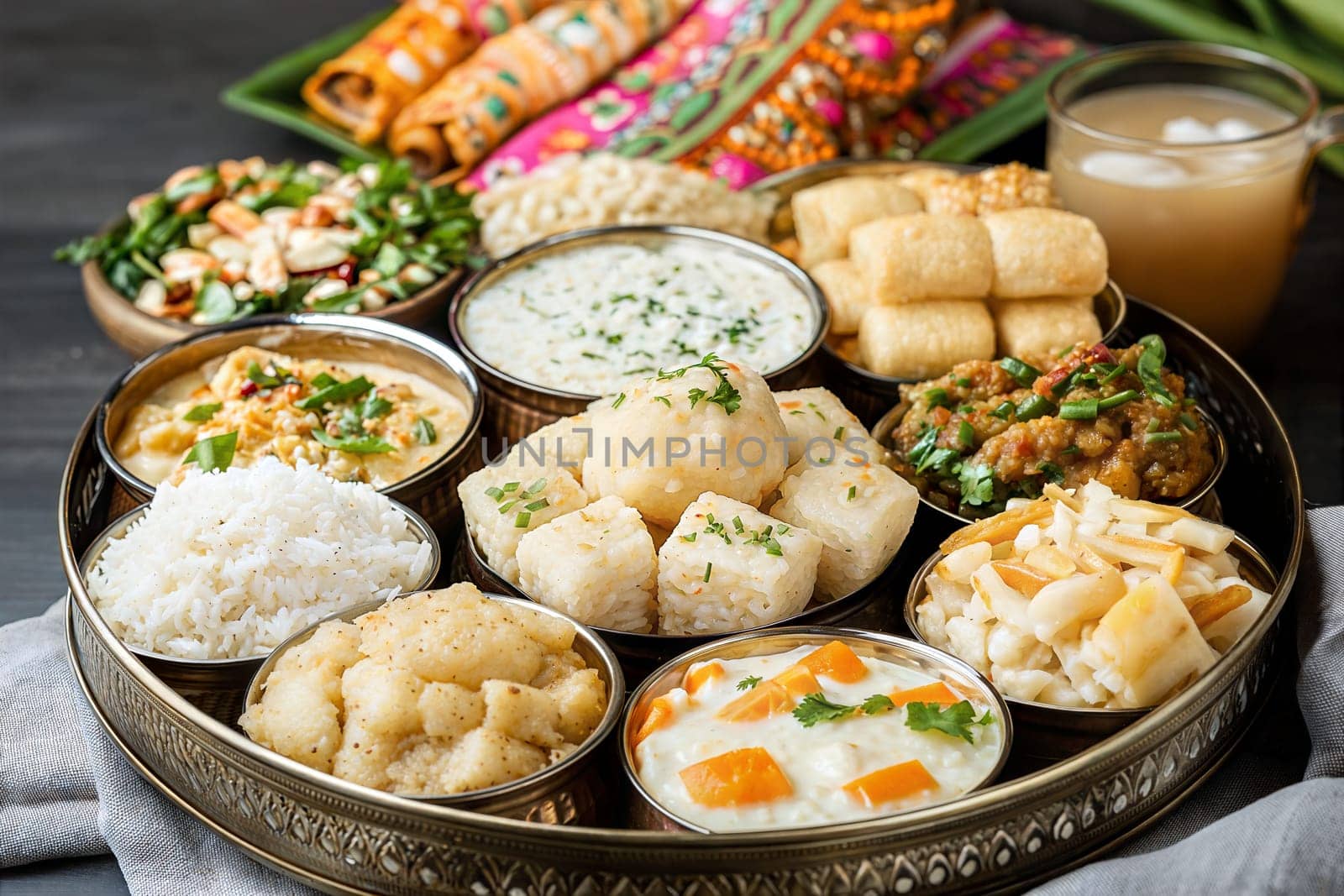 A vibrant Indian meal served in a brass tray, including rice, curry, dosa, vegetable dishes, and drinks, offering a cultural and flavorful feast.