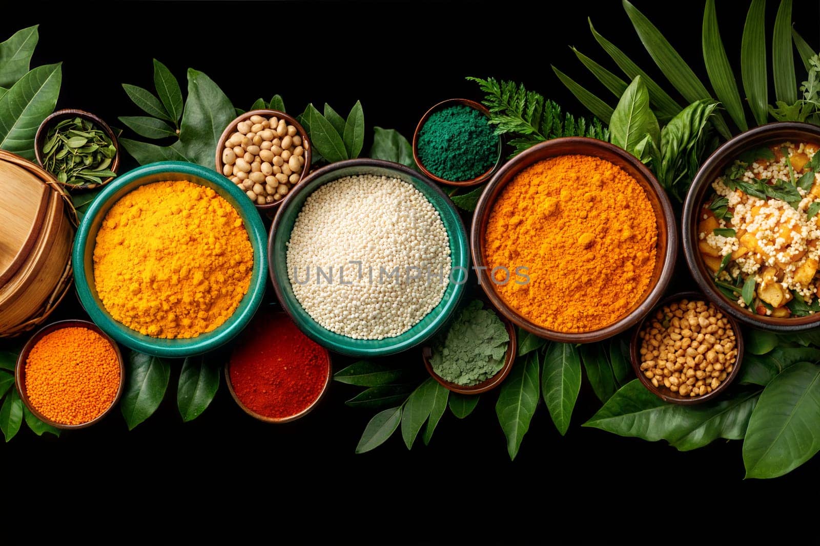 An array of vibrant spices, herbs, and powders including turmeric, cumin, and green powder, displayed in bowls surrounded by fresh leaves. A colorful representation of Indian cuisine.