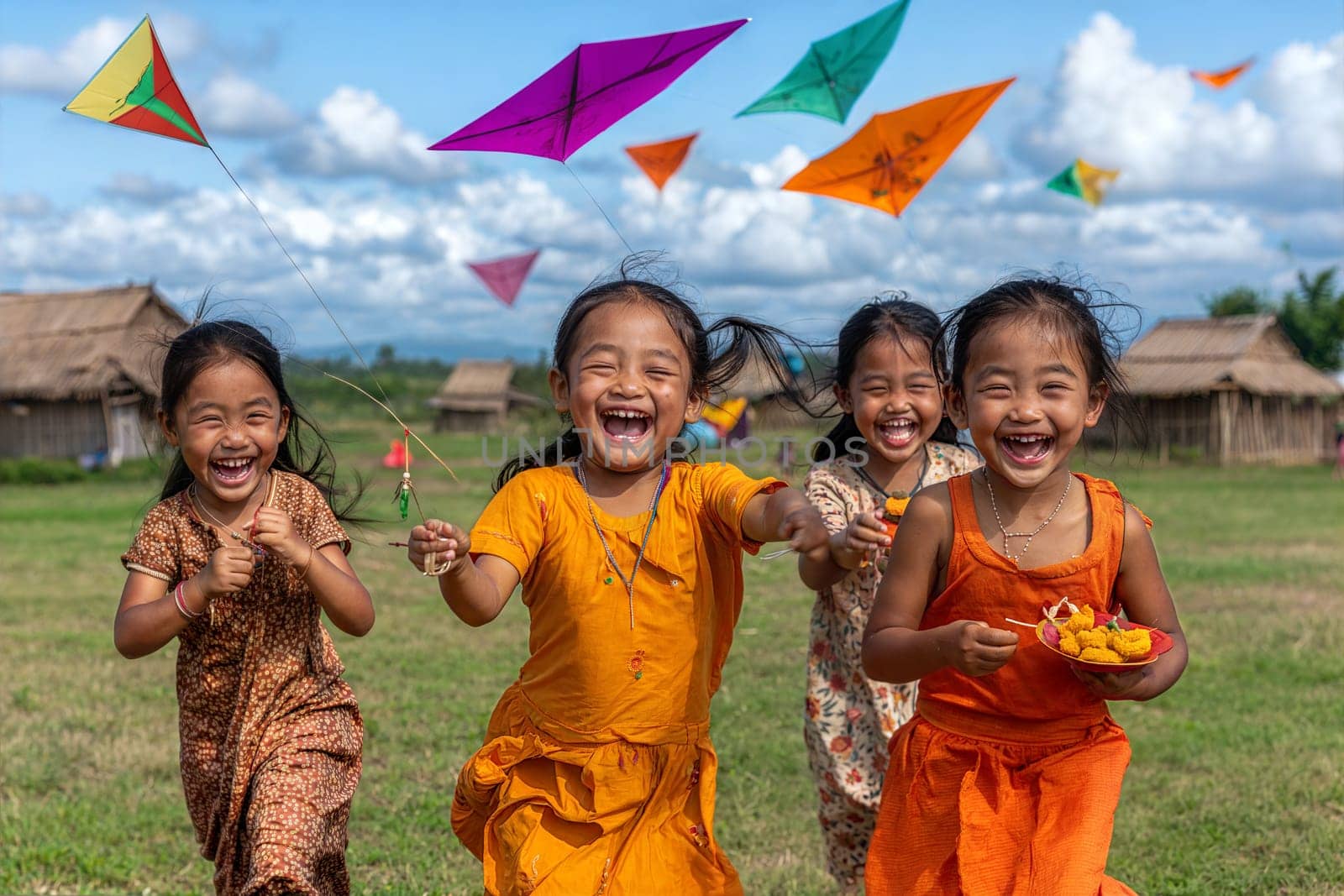 A joyful scene of children running and playing with colorful kites and flowers in a lush green field. The vibrant atmosphere captures the essence of childhood happiness.