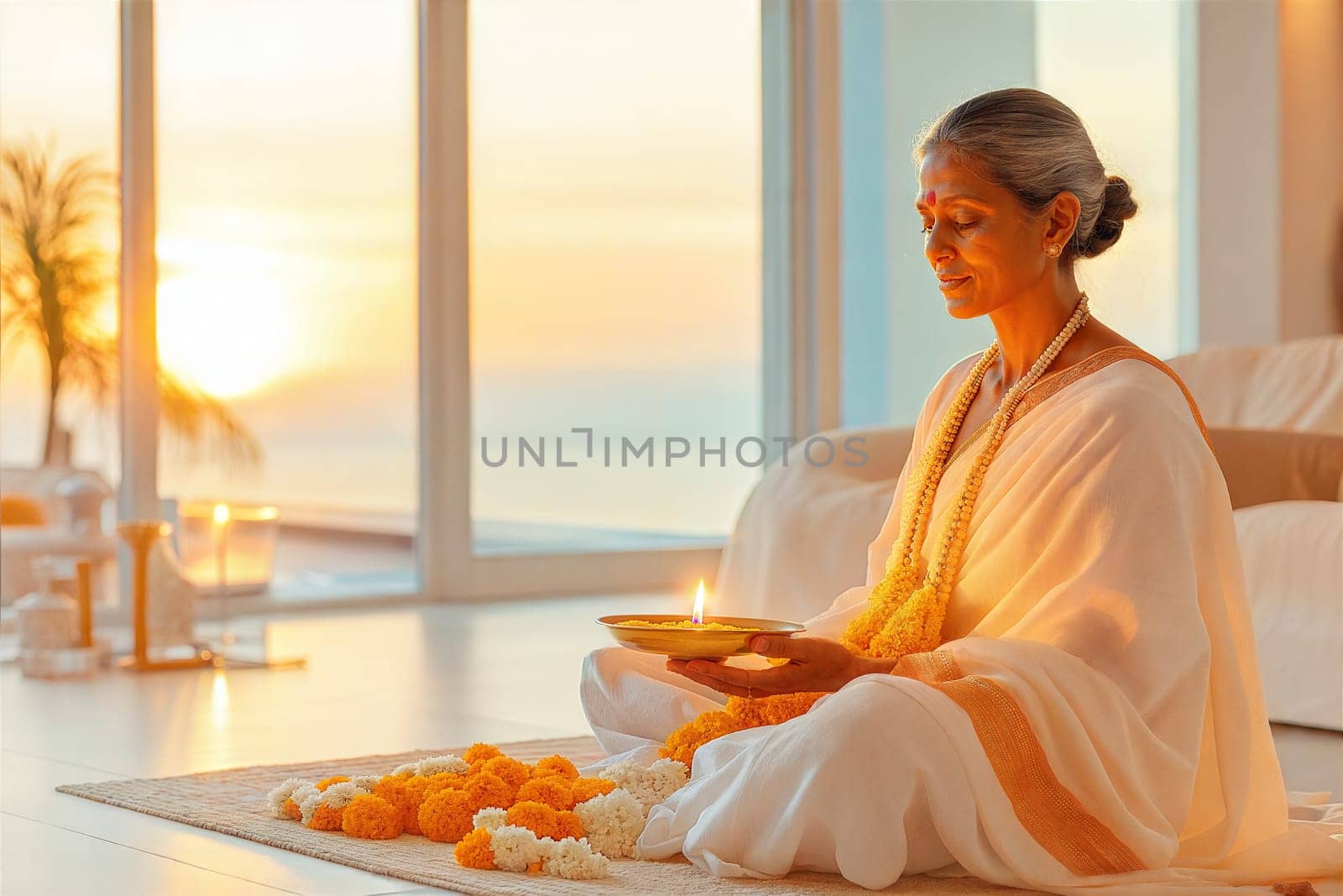 A peaceful moment of spiritual devotion as an elderly woman in a white sari offers a lit oil lamp surrounded by marigold flowers, with the warm glow of sunset and ocean view