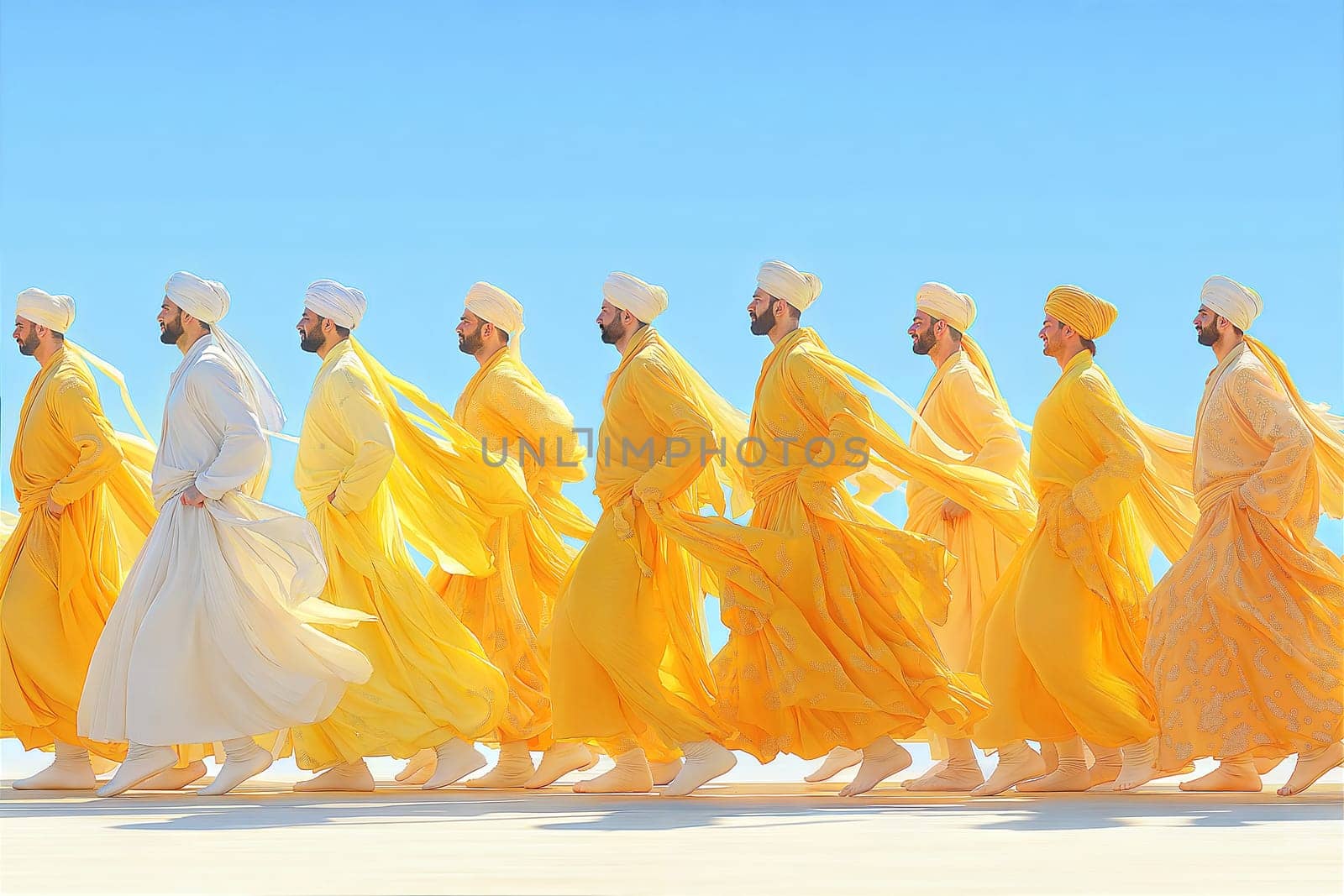 A dynamic procession of men dressed in yellow traditional attire with flowing fabric, showcasing cultural celebration with energy and rhythm.