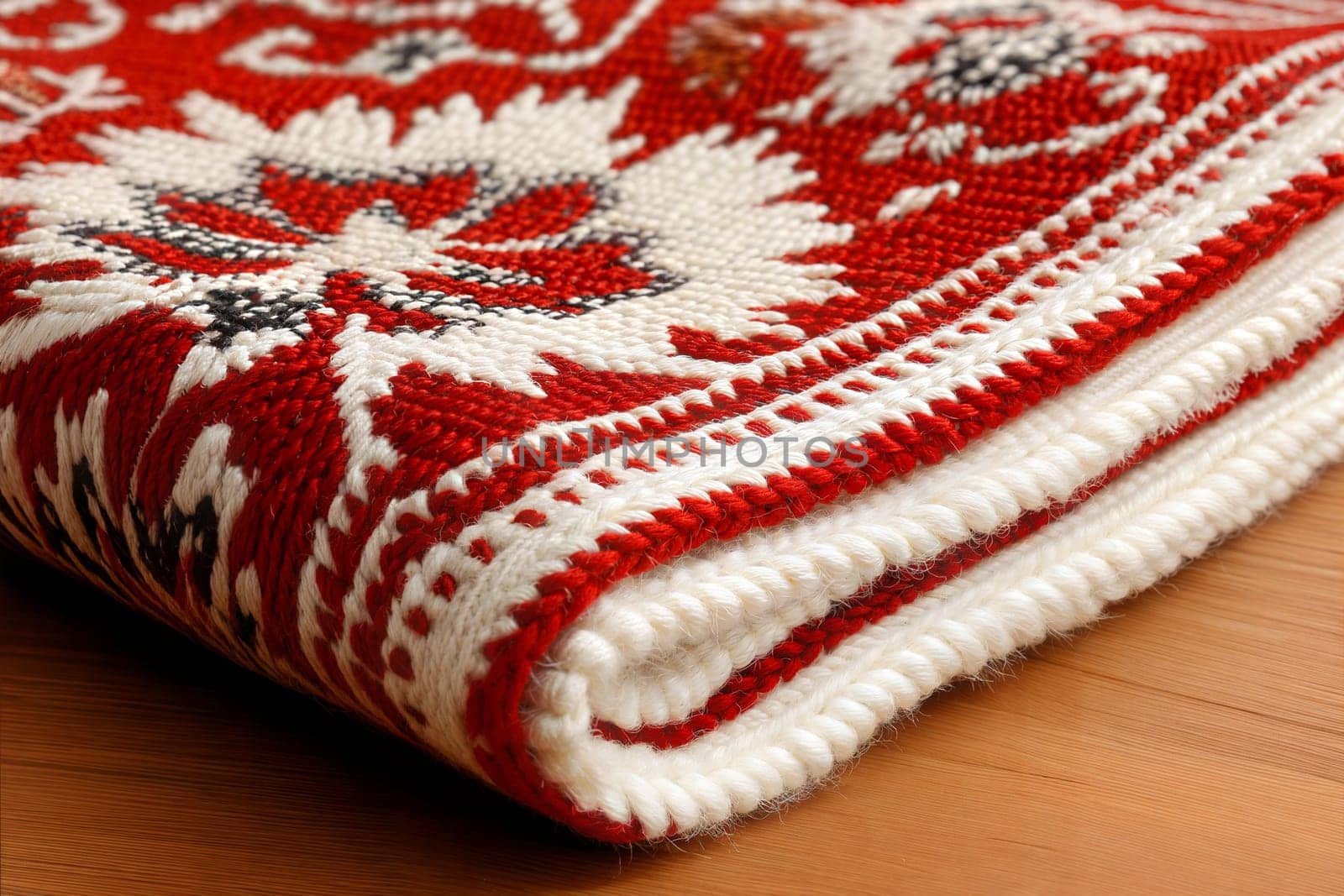 A beautifully folded vintage rug with an orange and white floral pattern, showcasing detailed craftsmanship and fringed edges, placed on a wooden surface.