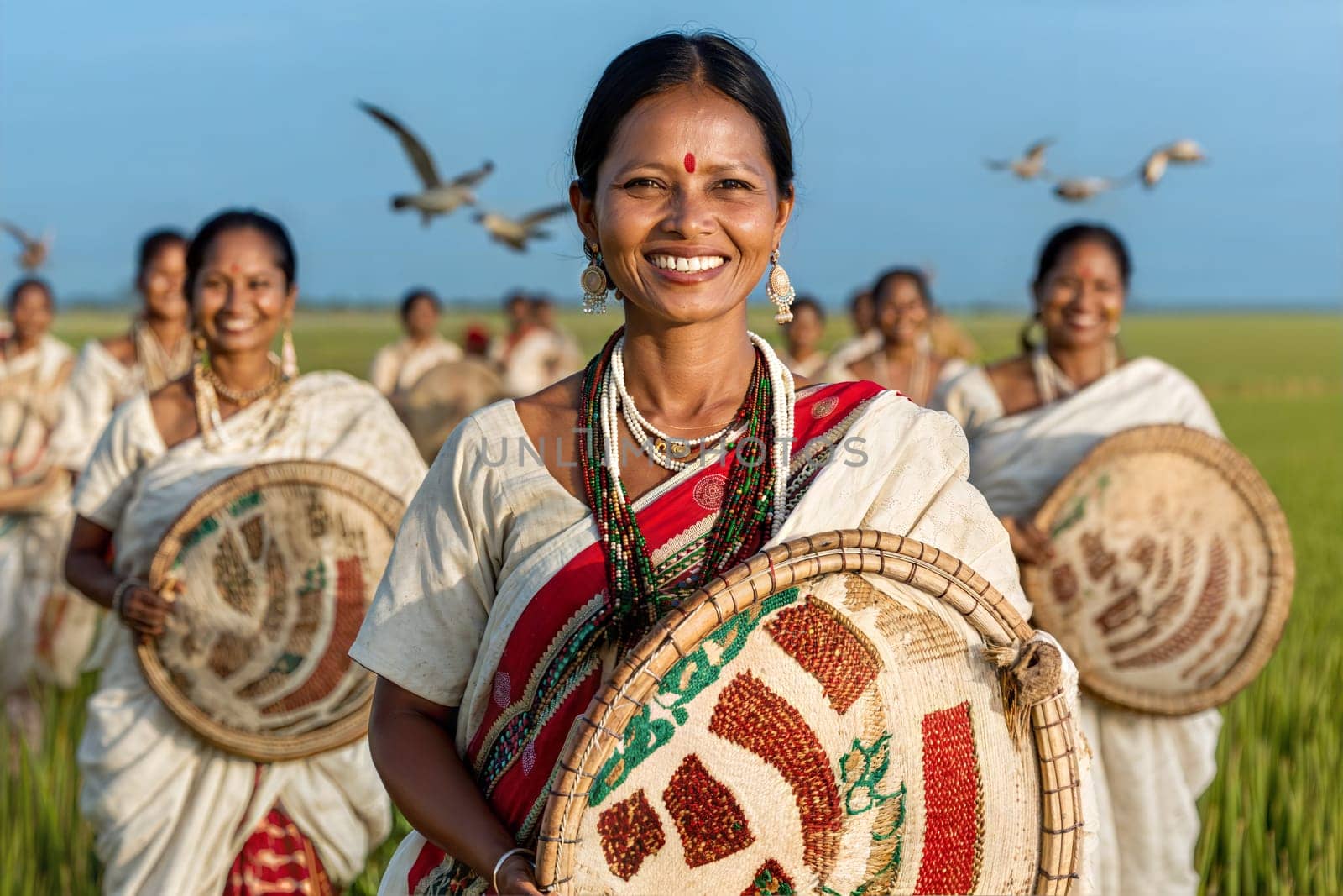 A joyful group of Assamese women in traditional attire holding drums, smiling in a rural field with flying birds in the background. A cultural celebration in nature.