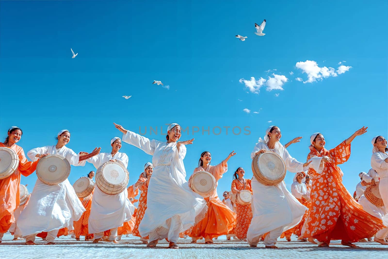 Group of joyful Assamese women dancing in traditional attire with drums, celebrating a cultural festival under a bright blue sky with flying birds.