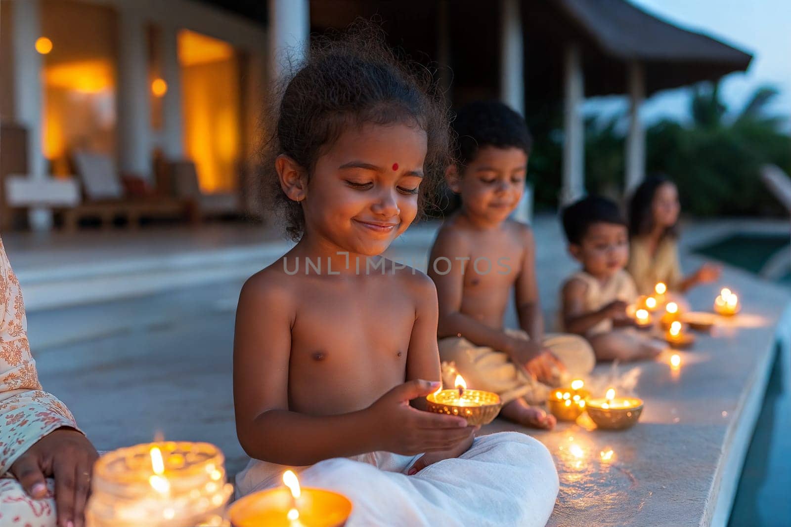 A group of children sitting outside at night lighting traditional oil lamps in a joyful celebration. Capturing the warmth of family and culture.