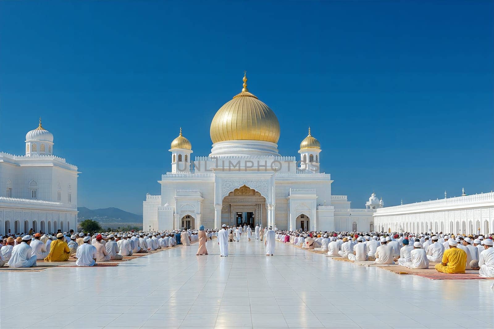 A serene and spiritual scene with worshippers in prayer at a mosque, the golden dome reflecting in the courtyard's pristine surface.