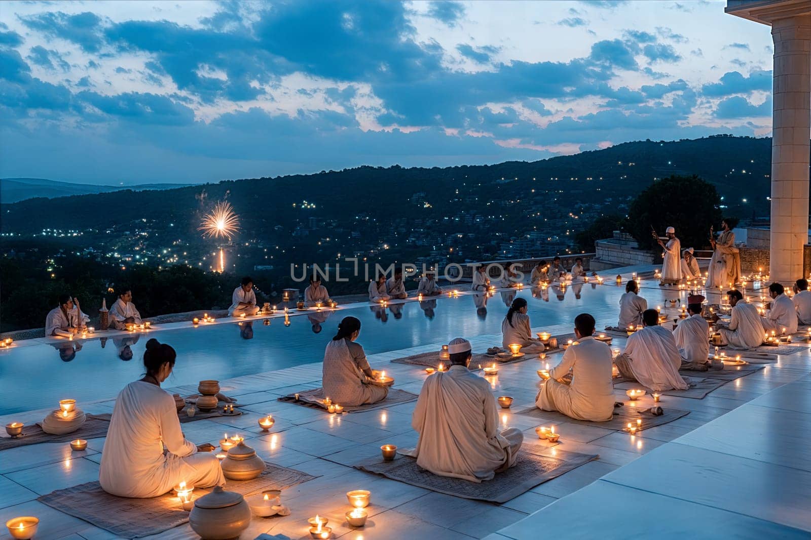 A peaceful night meditation scene with people sitting around candles on a serene poolside, overlooking fireworks and a beautiful mountain view.