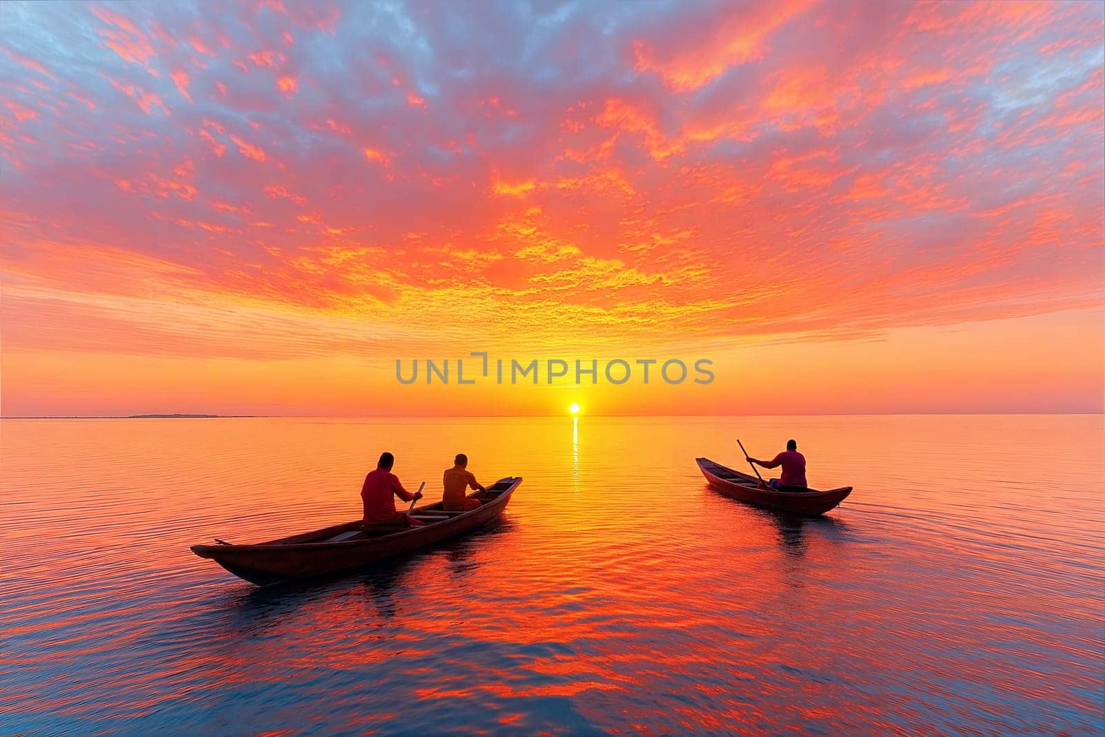 Two fishermen row traditional wooden boats at sunset, with a stunning vibrant sky reflecting on the calm water, creating a peaceful and serene scene.