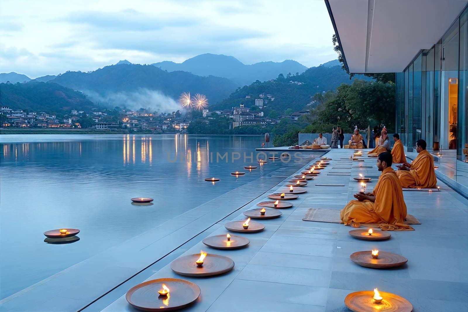 A serene view of monks meditating beside floating candles on water, with fireworks in the background, capturing peace, spirituality, and nature.