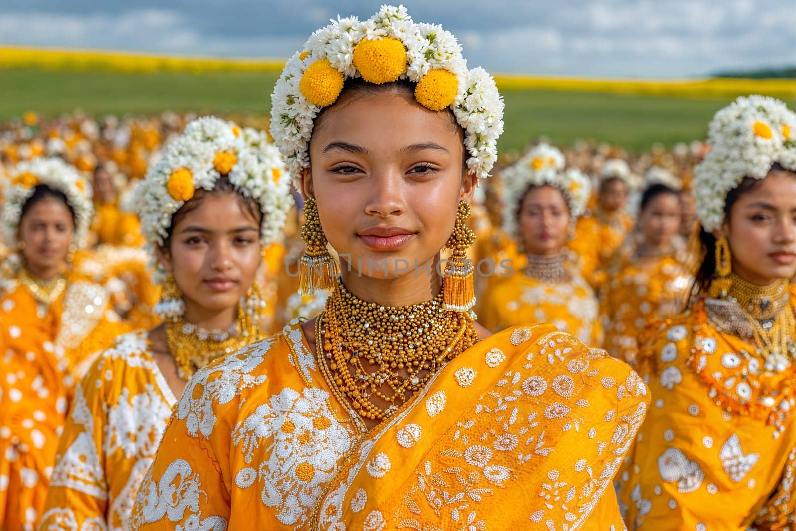 A close-up of young Assamese women in vibrant yellow traditional attire, wearing floral headpieces and jewelry, participating in a cultural celebration