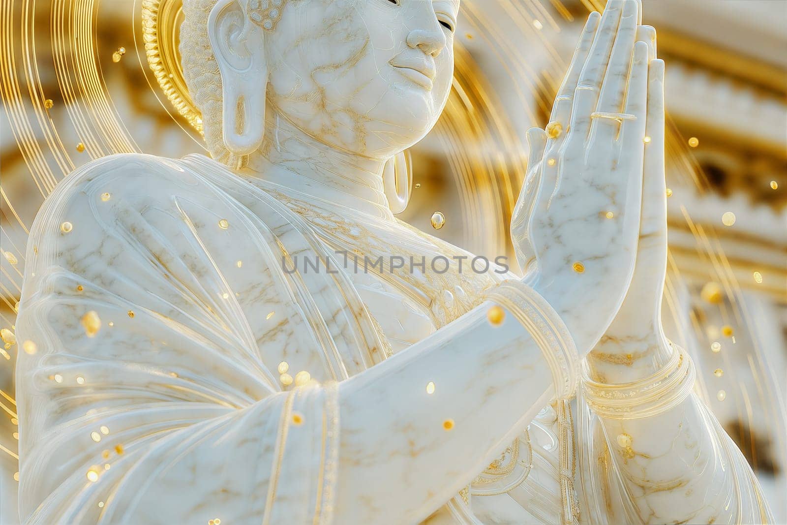 A digital 3D illustration of a Buddha statue with glowing golden circuits and energy flows, symbolizing spirituality and technology.