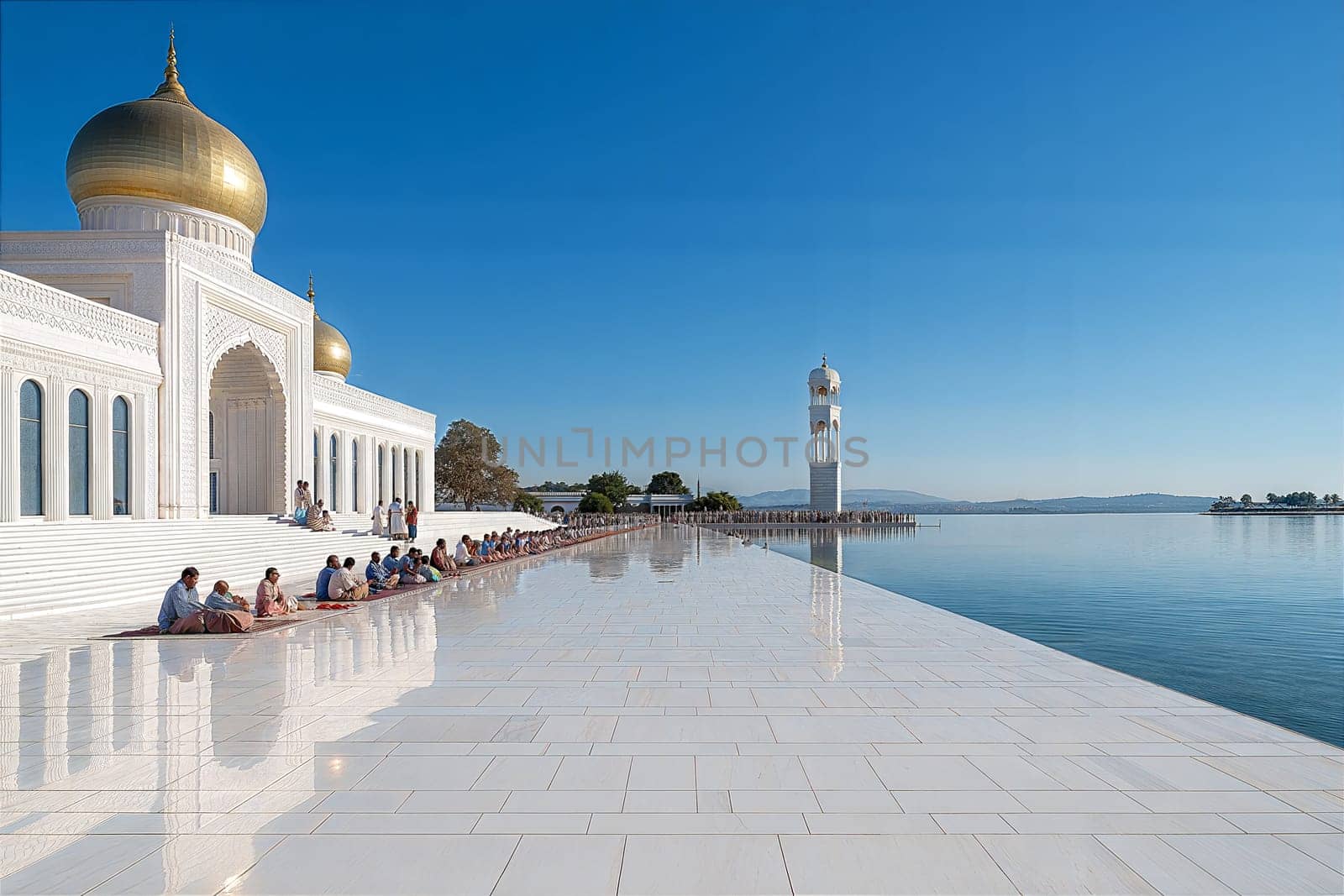 A peaceful temple scene with a golden dome, reflecting the devotion of the crowd gathered for prayers in the serene courtyard.