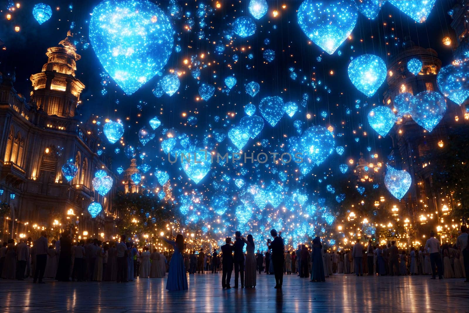 A mesmerizing scene with glowing heart-shaped lanterns hanging in the night sky, casting a magical atmosphere over a crowd of people celebrating under the stars.