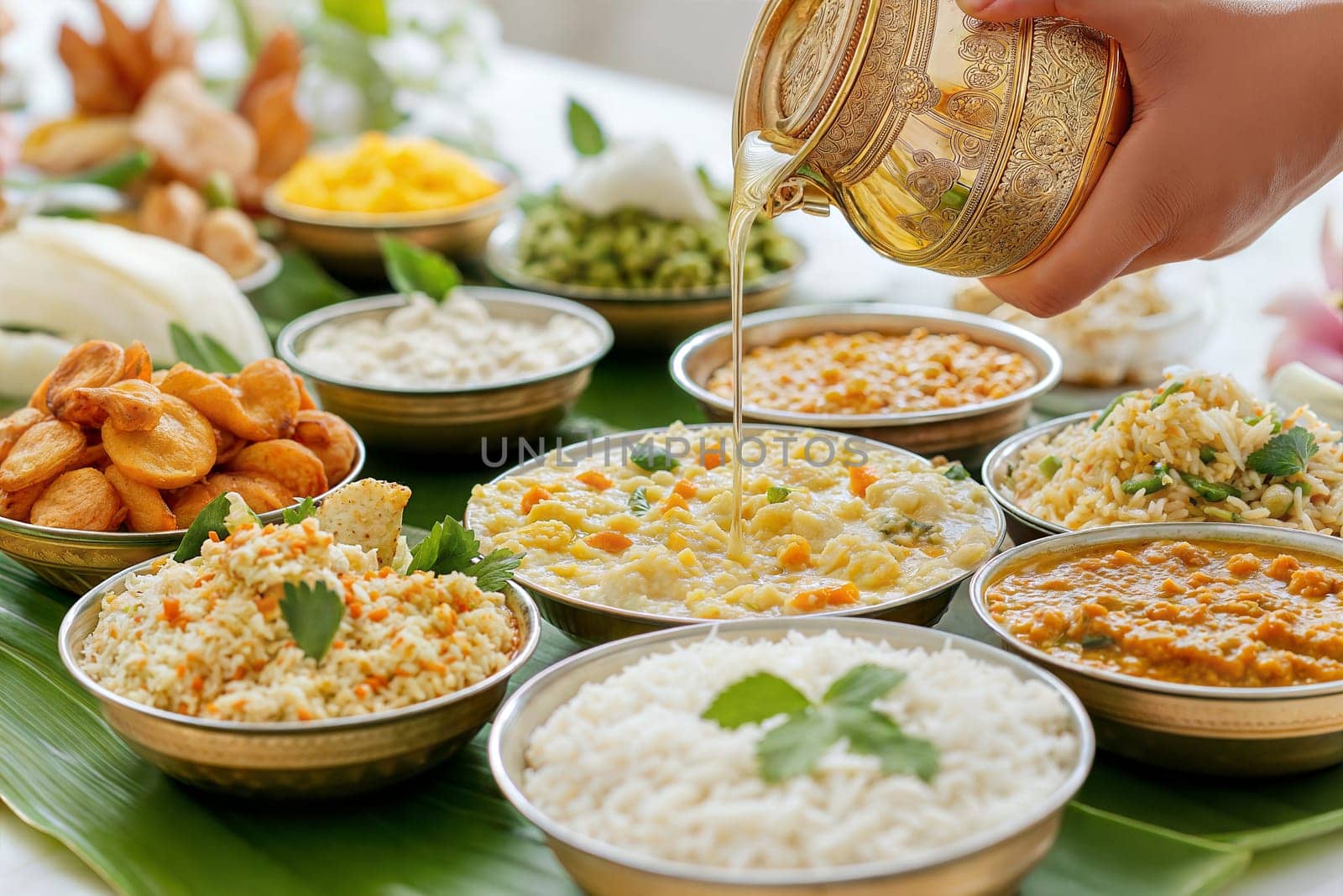 A delicious spread of traditional Vishu Sadya meal featuring rice, curry, sambar, and various side dishes, served in a vibrant setting with fresh coriander garnish